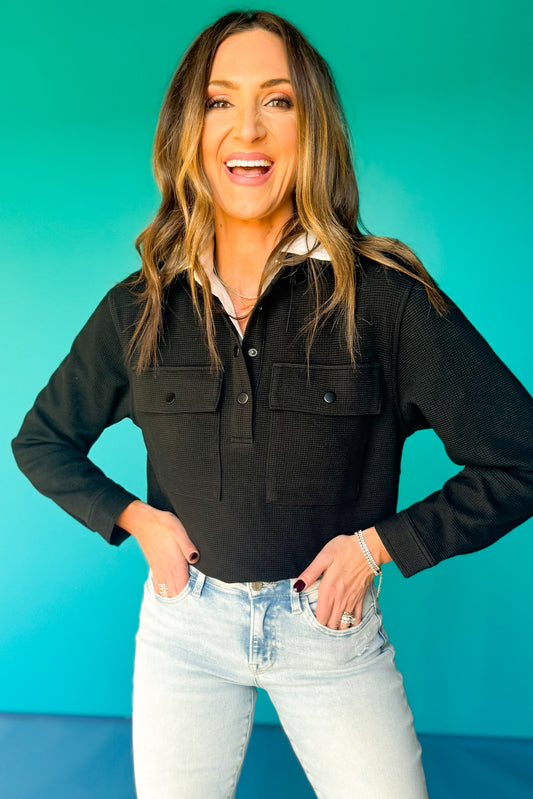 SSYS Fawn Waffle Knit Cropped Shacket Top In Black