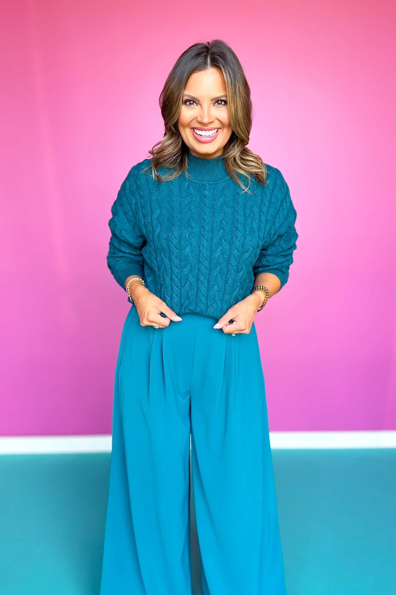 SSYS Giselle Cable Knit Mock Neck Sweater In Teal