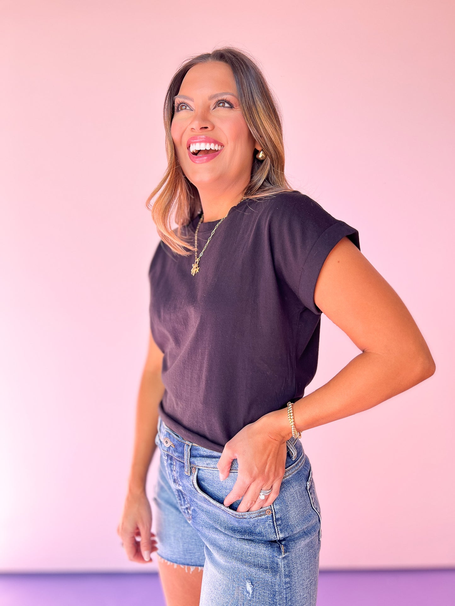 Black Folded Sleeve Top, elevated basic, easy to wear, layering top, soft, cozy, summer ready, mom style, ssys by mallory fitzsimmons