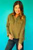 SSYS Fawn Waffle Knit Cropped Shacket Top In Olive
