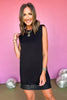  SSYS The Vivian Lightweight Air Faux Leather Trim Shoulder Pad Dress In Black, ssys the label, leather detail dress, night out style, chic style, elevated dress, fall style, fall fashion, must have dress, mom style, mom fashion, affordable fashion, ssys by mallory fitzsimmons