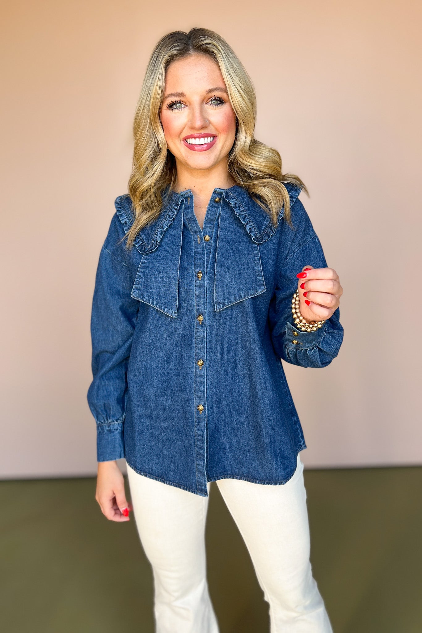 Denim Ruffled Peter Pan Collar Button Up Top, must have denim top, on trend top, must have fall top, must have denim top, fall fashion, chic fall fashion, western wear fashion, trendy top, trendy denim top, SSYS by mallory Fitzsimmons 