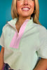SSYS Brooke Seersucker Pink Contrast Ribbed Top In Green