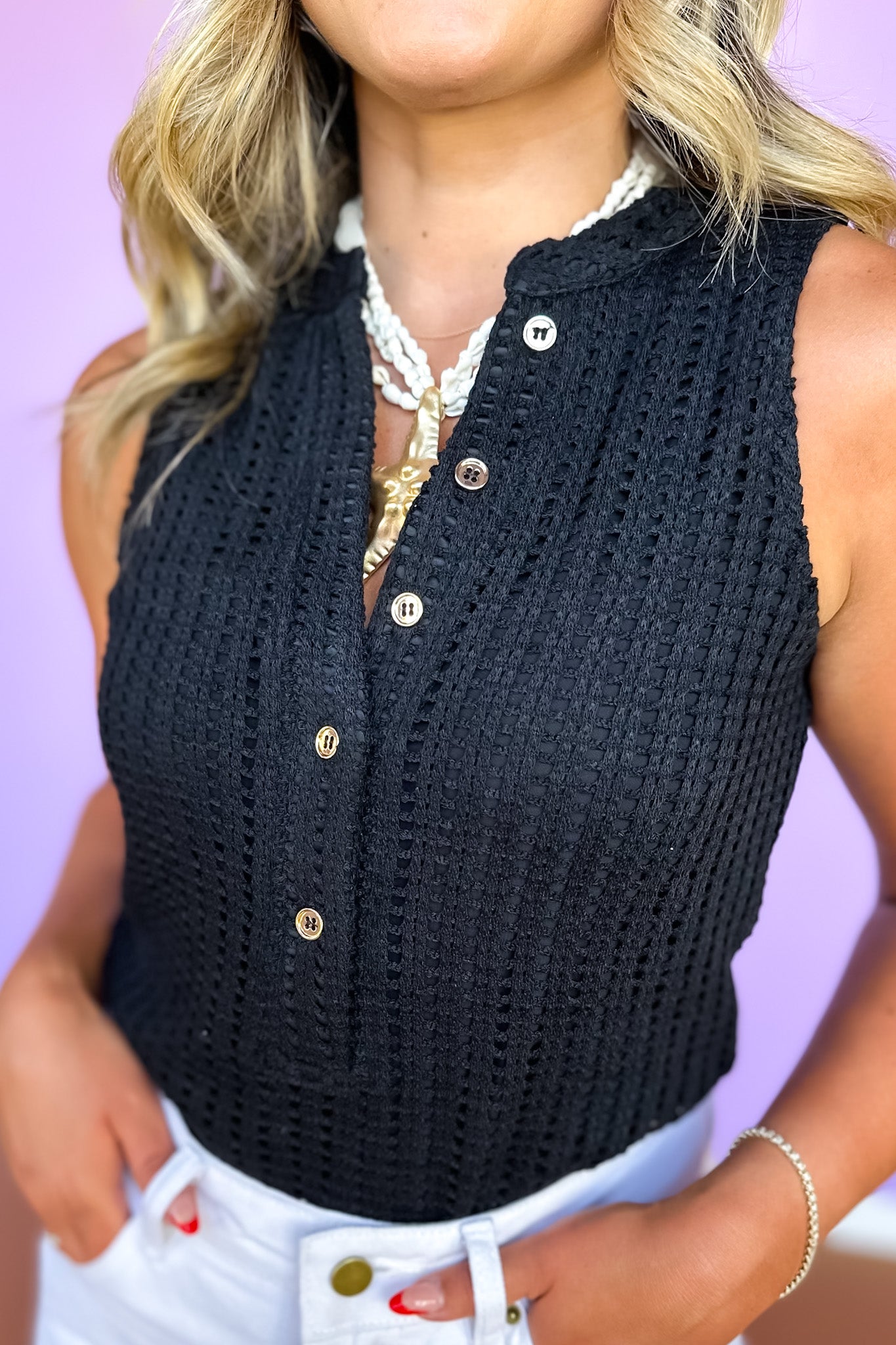 SSYS Fallon Crochet Sleeveless Gold Button Top In Black *FINAL SALE*