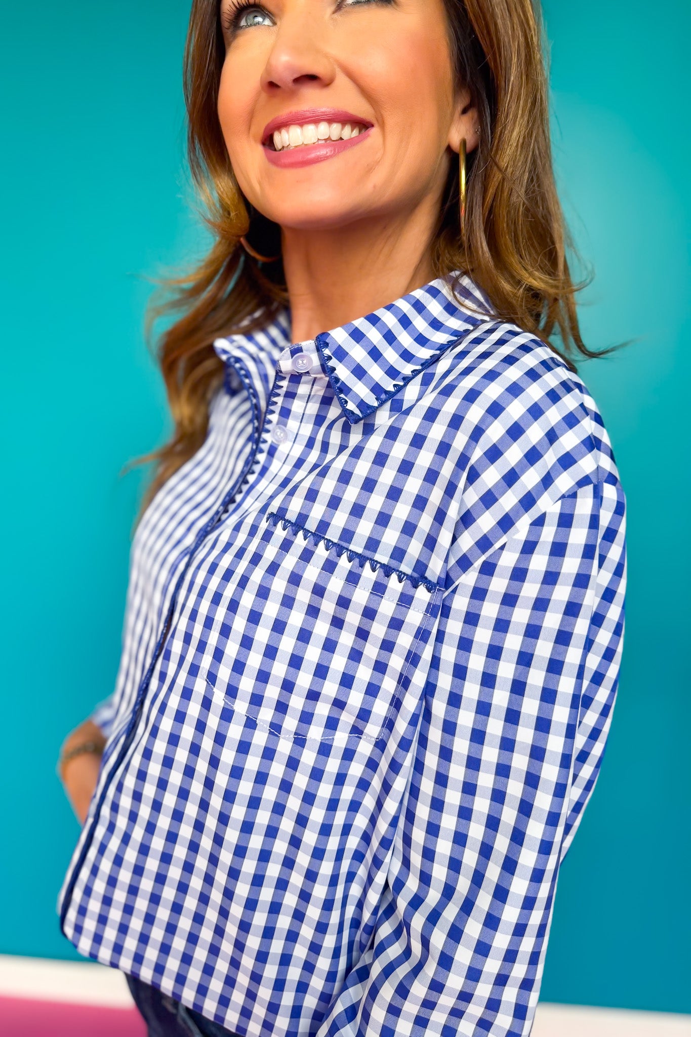 SSYS Betty Gingham Mix Print Button Down Top In Navy *FINAL SALE*