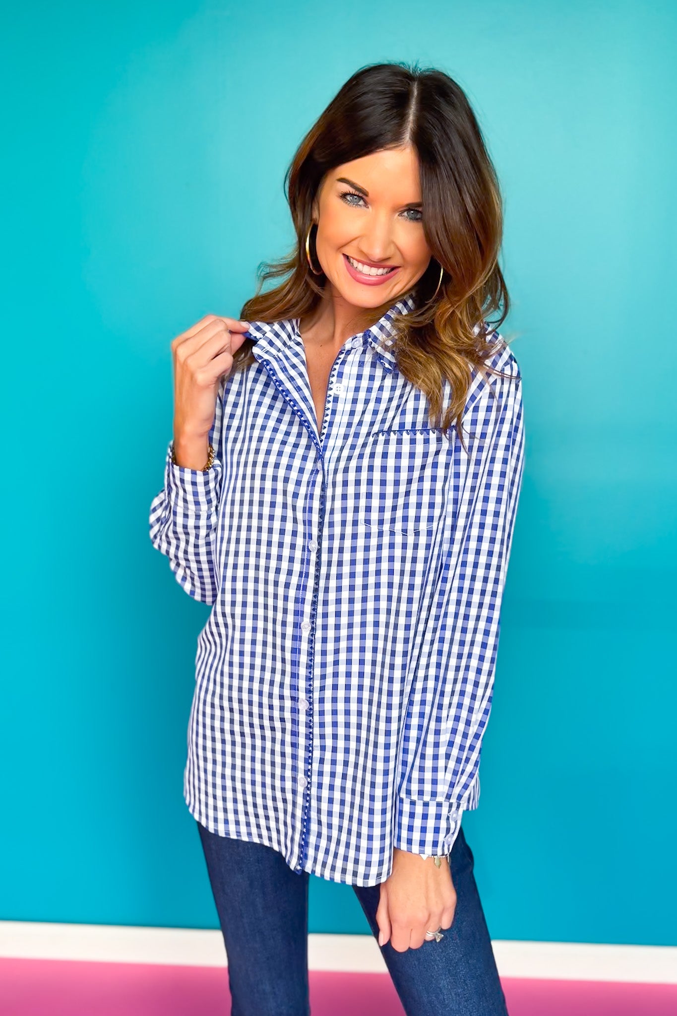 SSYS Betty Gingham Mix Print Button Down Top In Navy *FINAL SALE*