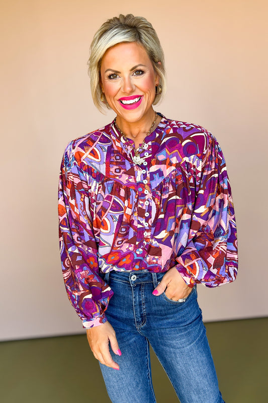 Purple Multi Print Yoke Detail Button Front Top, must have top, new arrivals top, button down top, fall fashion, purple top, chic top, work wear, mom style, elevated style, puff sleeve top, SSYS by mallory Fitzsimmons 