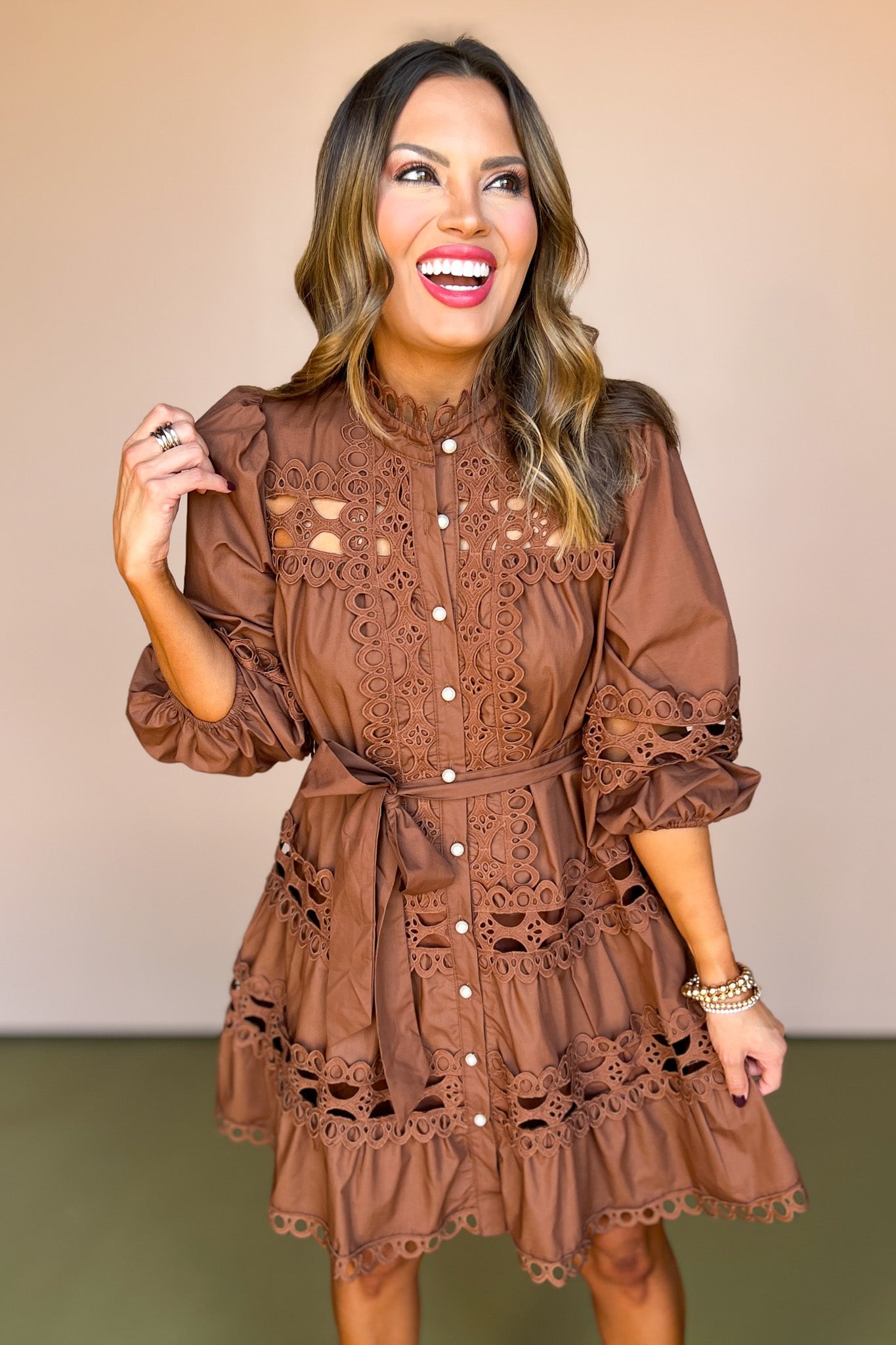 Brown Lace Trim Detail Pearl Button Up Self Tie Waist Dressmust have dress, must have style, fall style, fall fashion, elevated style, elevated style, mom style, shop style your senses by mallory fitzsimmons, ssys by mallory fitzsimmons