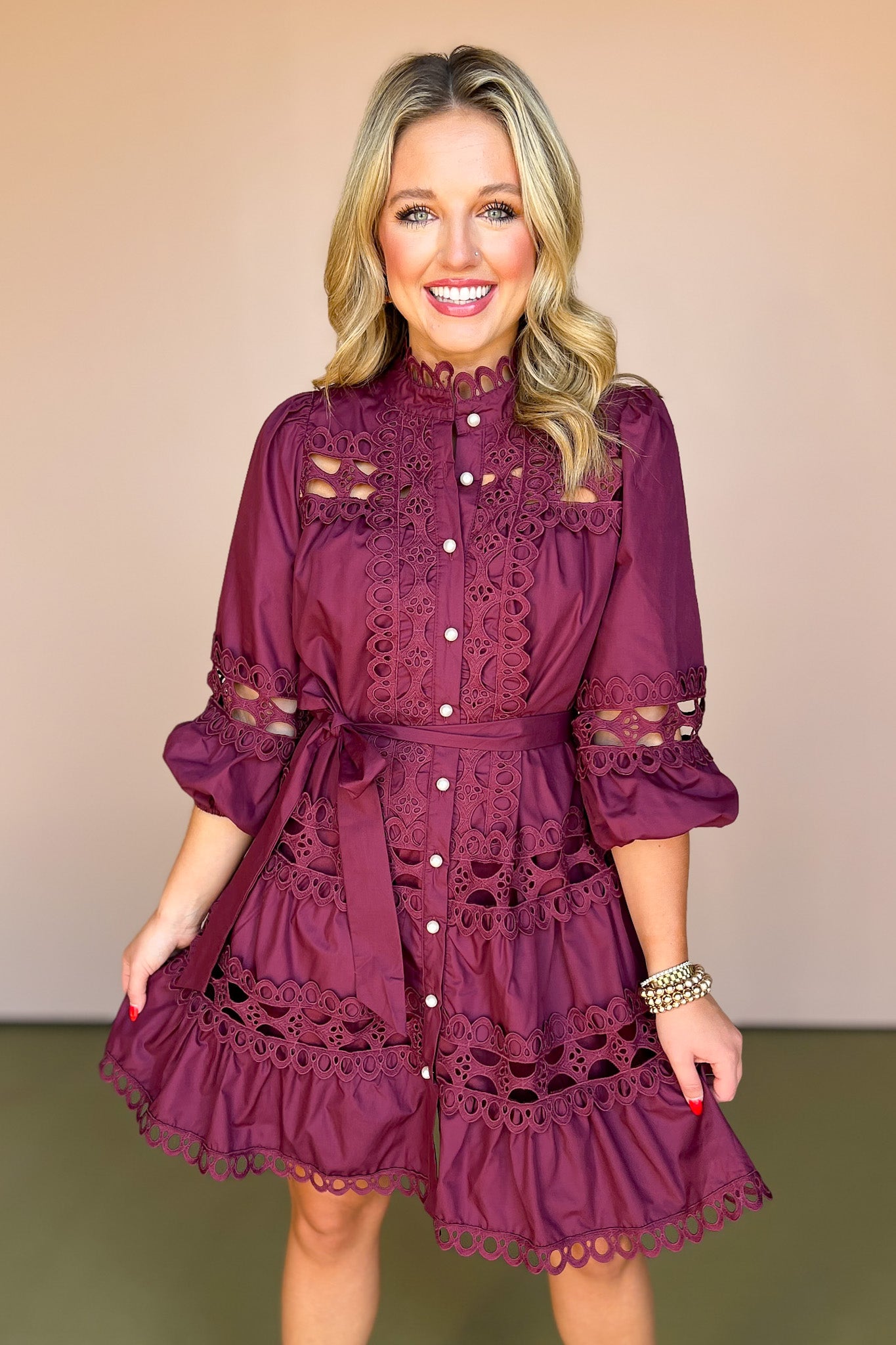 Maroon Lace Trim Detail Pearl Button Up Self Tie Waist Dressmust have dress, must have style, fall style, fall fashion, elevated style, elevated style, mom style, shop style your senses by mallory fitzsimmons, ssys by mallory fitzsimmons