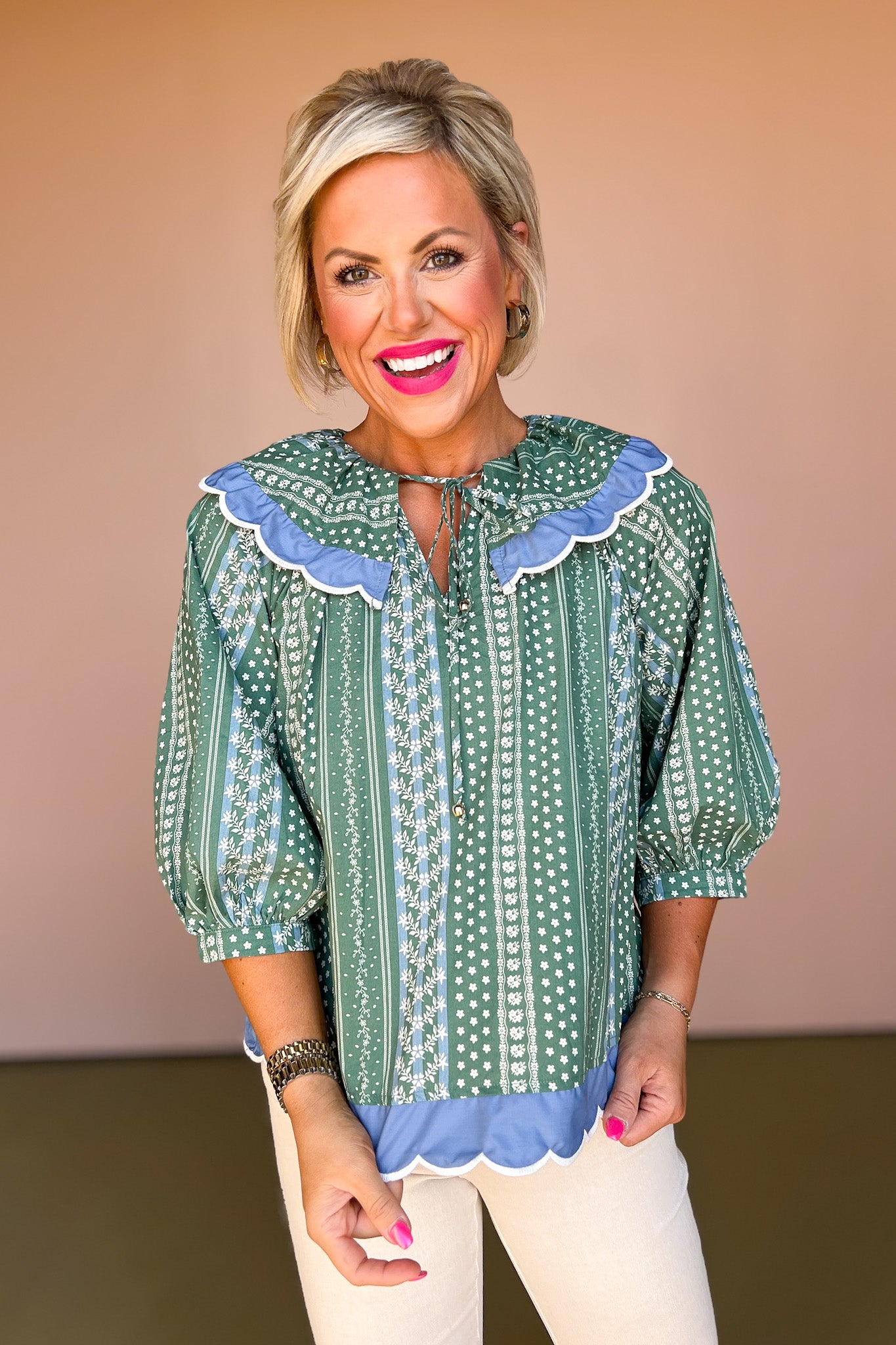 Green Printed Half Sleeve Scalloped Detail Top,must have top, must have style, fall style, fall fashion, elevated style, elevated style, mom style, shop style your senses by mallory fitzsimmons, ssys by mallory fitzsimmons
