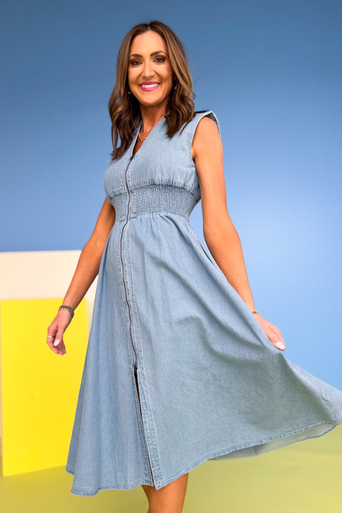 Blue V Neck Smocked Waist Sleeveless Midi Dress *FINAL SALE* SSYS Blue V Neck Smocked Waist Sleeveless Midi Dress *FINAL SALE* SSYS