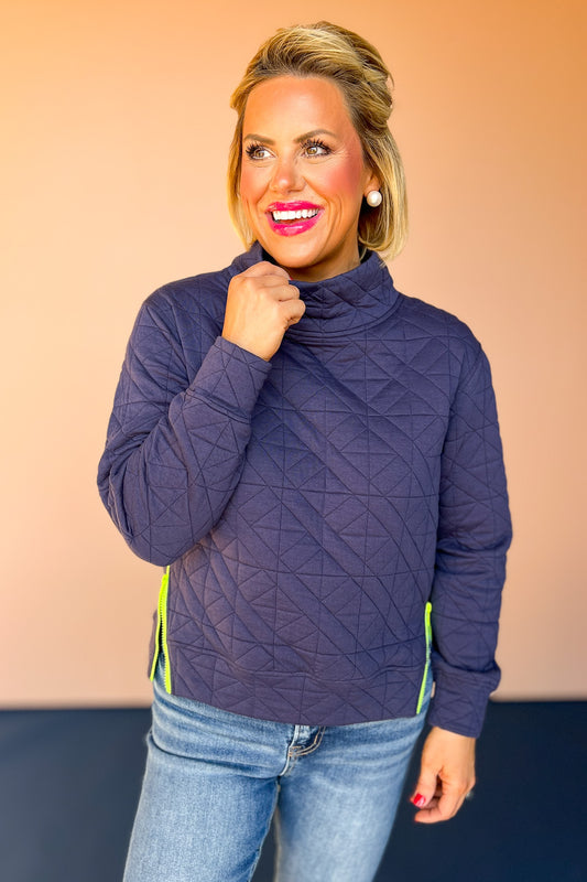 SSYS Ava Diamond Quilted Pullover In Navy With Lime Zipper