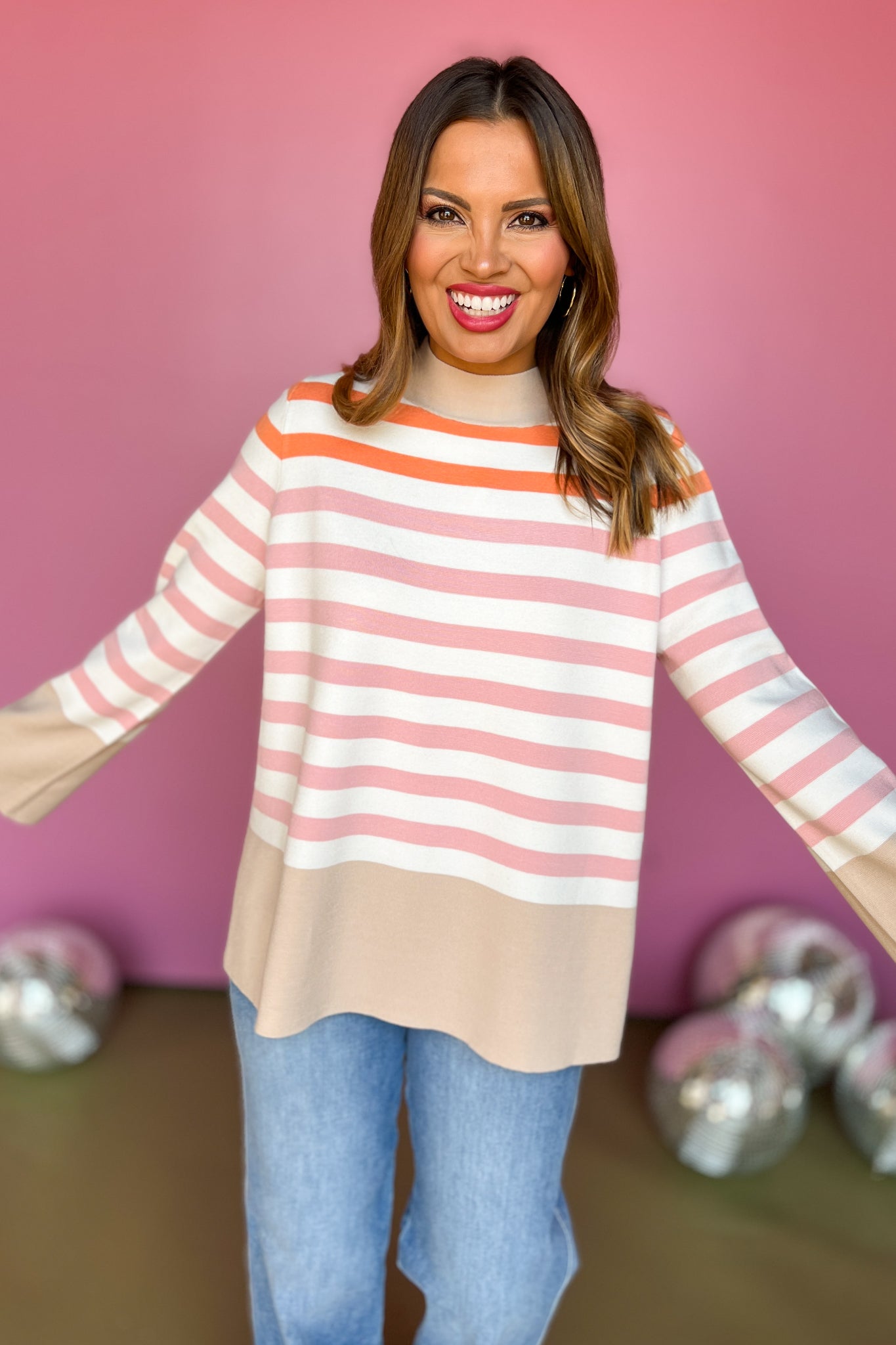 Taupe Stripe Mock Neck Bell Sleeve Tunic Sweater, must have sweater, must have style, fall style, fall fashion, elevated style, elevated sweater, mom style, shop style your senses by mallory fitzsimmons, ssys by mallory fitzsimmons