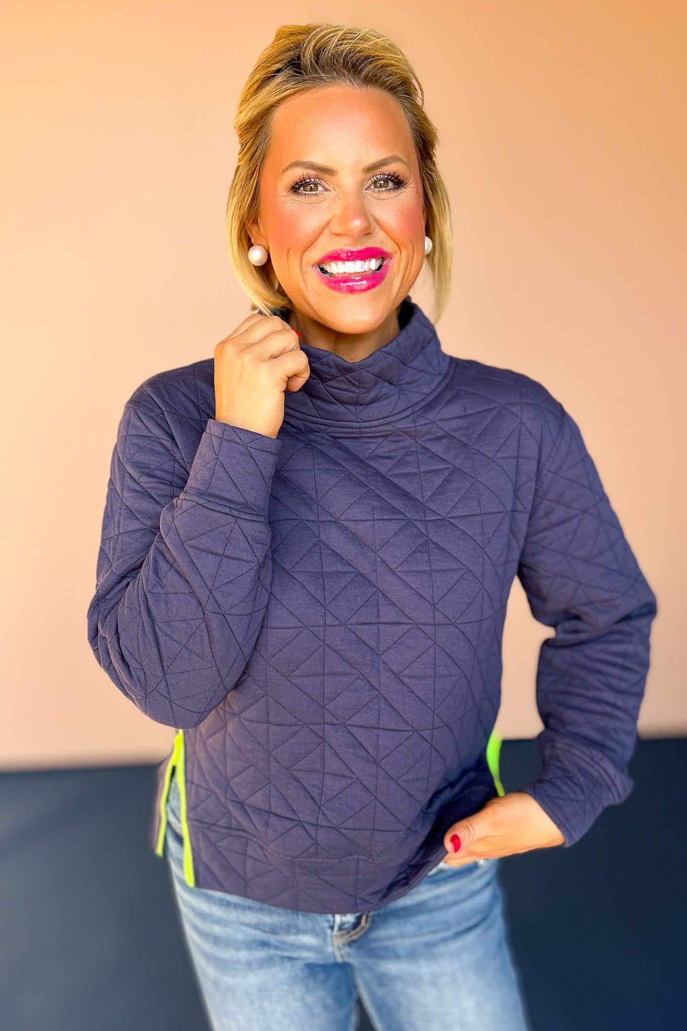 SSYS Ava Diamond Quilted Pullover In Navy With Lime Zipper