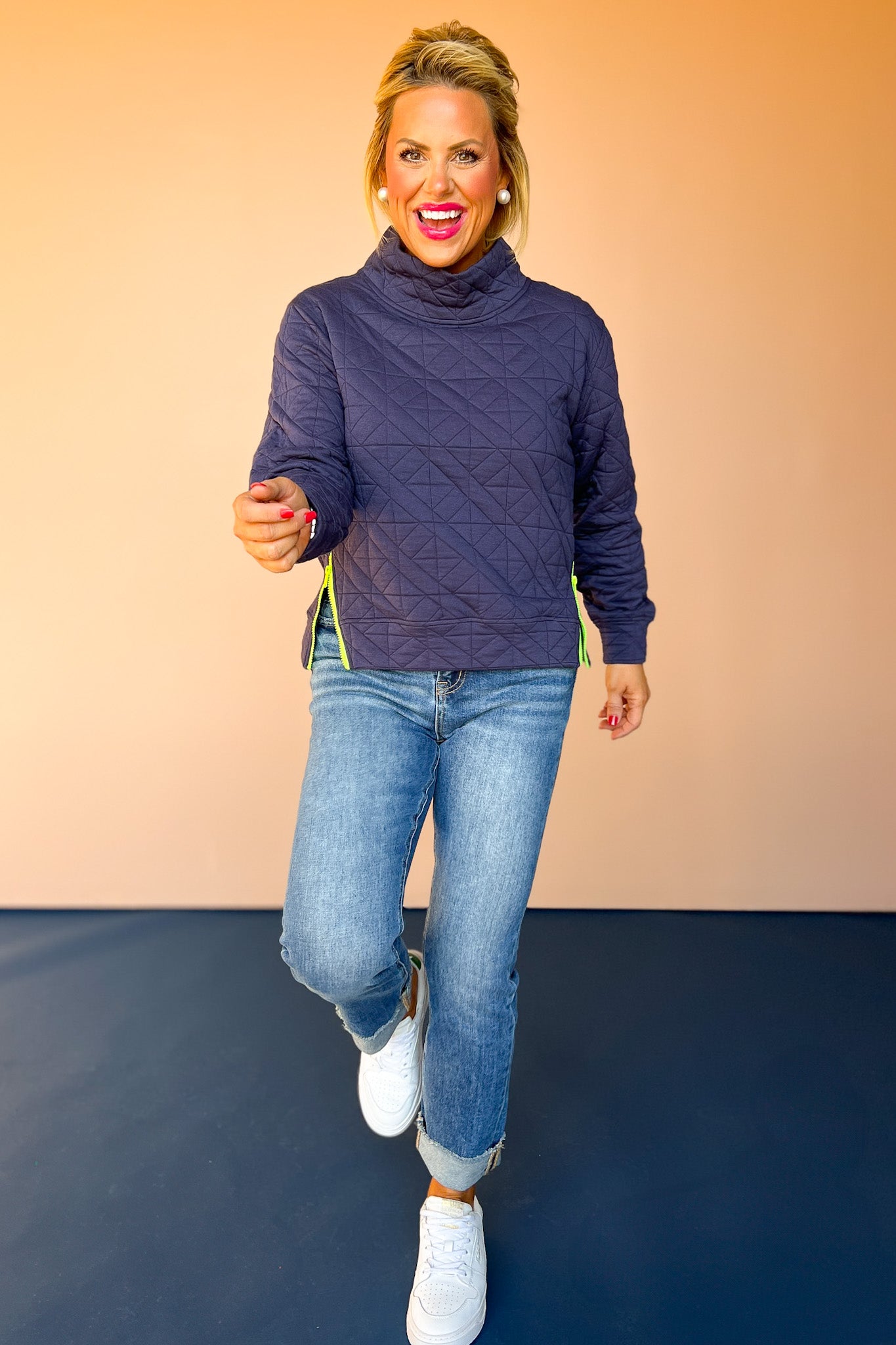 SSYS Ava Diamond Quilted Pullover In Navy With Lime Zipper