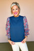 Blue Contrast Print Sleeve Embossed Top