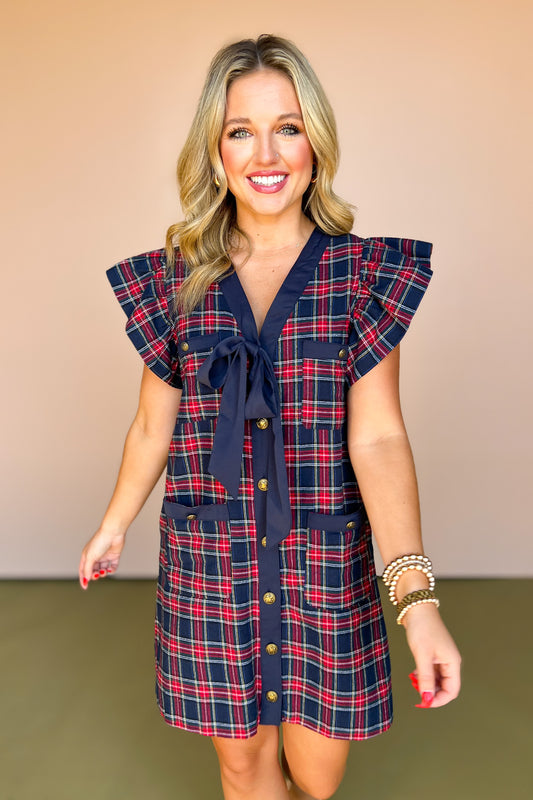 Navy Plaid Button Up Self Tie Detail Short Ruffle Sleeve Dress, must have dress, must have style, fall style, fall fashion, elevated style, elevated style, mom style, shop style your senses by mallory fitzsimmons, ssys by mallory fitzsimmons
