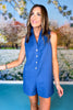 SSYS Louisa Pearl Button Romper In Blue, collared, spring outfit, easter outfit, casual, comfortable, sleeveless, exclusive design, ssys by mallory fitzsimmons