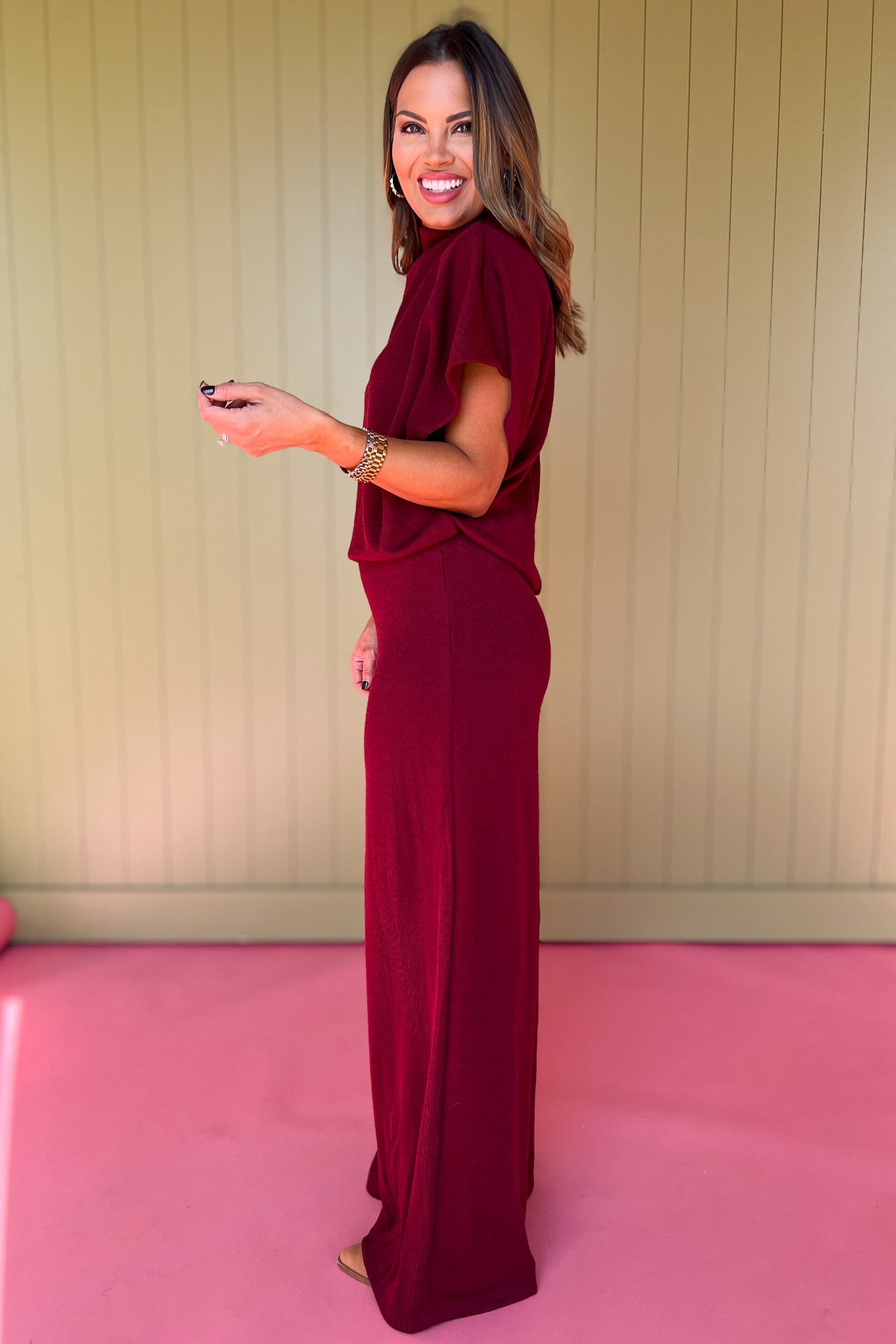 Burgundy High Neck Short Dolman Sleeve Wide Leg Set *FINAL SALE*