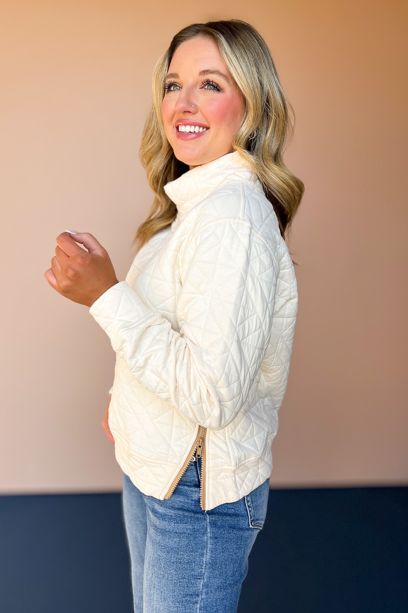 SSYS Ava Diamond Quilted Pullover In Ivory With Taupe Zipper