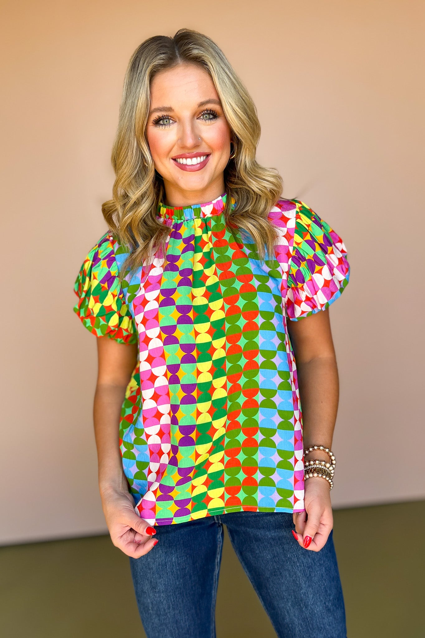 THML Multi Abstract Print Short Puff Sleeve Top, must have top, must have style, fall style, fall fashion, elevated style, elevated style, mom style, shop style your senses by mallory fitzsimmons, ssys by mallory fitzsimmons
