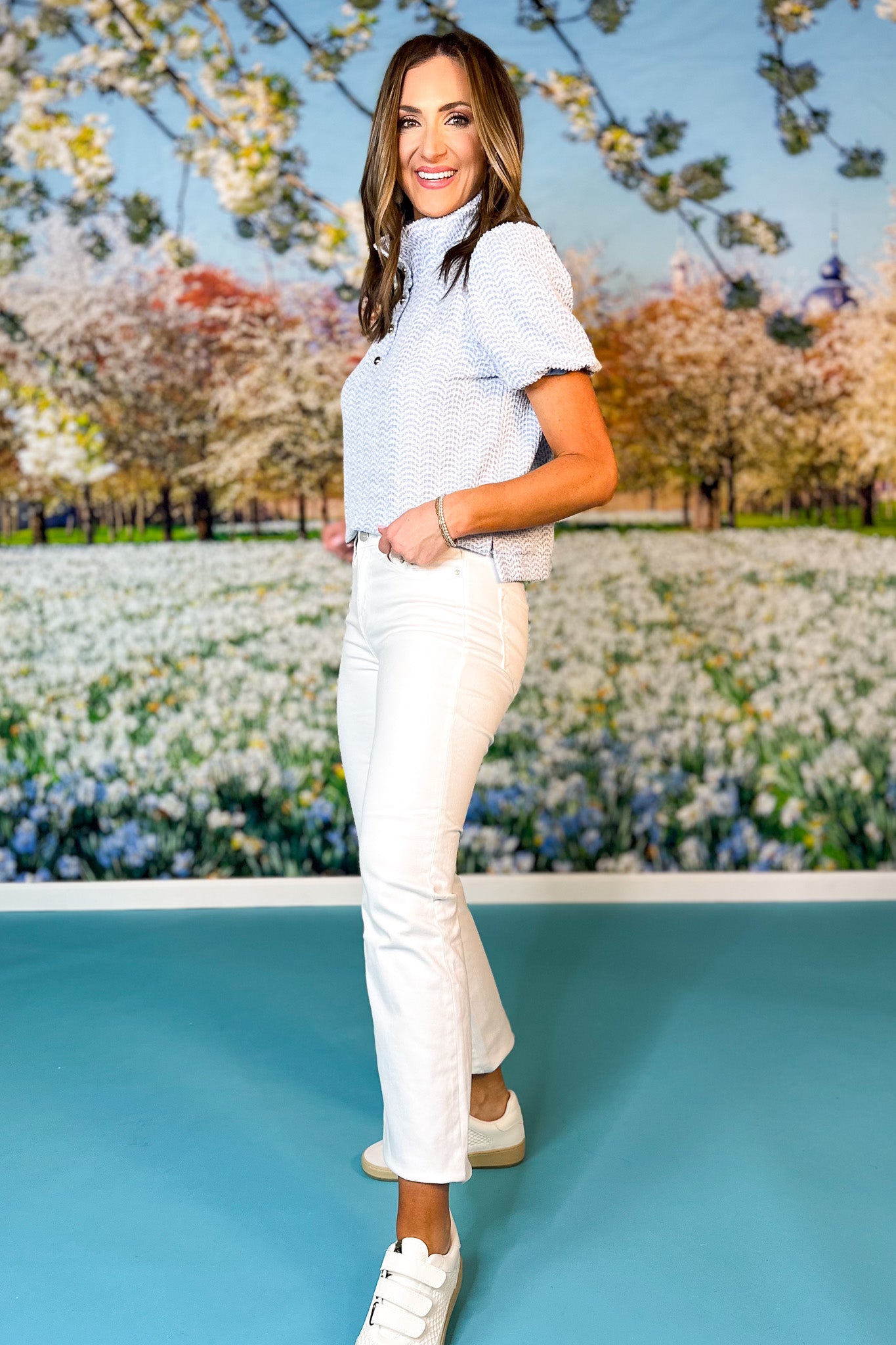 SSYS Madeline Puff Short Sleeve Top In Blue Scallop Knit, button collar, easter top, spring top, work top, exclusive design, ssys by mallory fitzsimmons