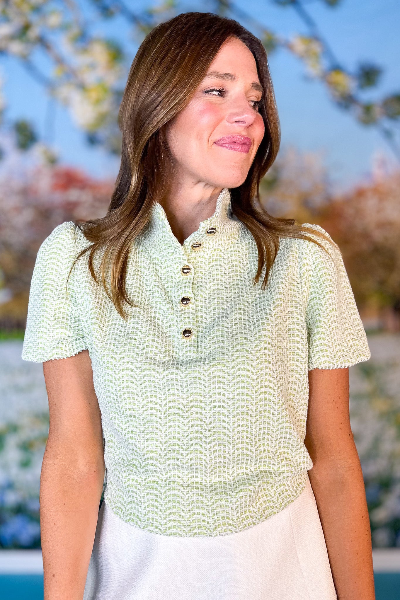 SSYS Madeline Puff Short Sleeve Top In Green Scallop Knit, button collar, easter top, spring top, work top, exclusive design, ssys by mallory fitzsimmons