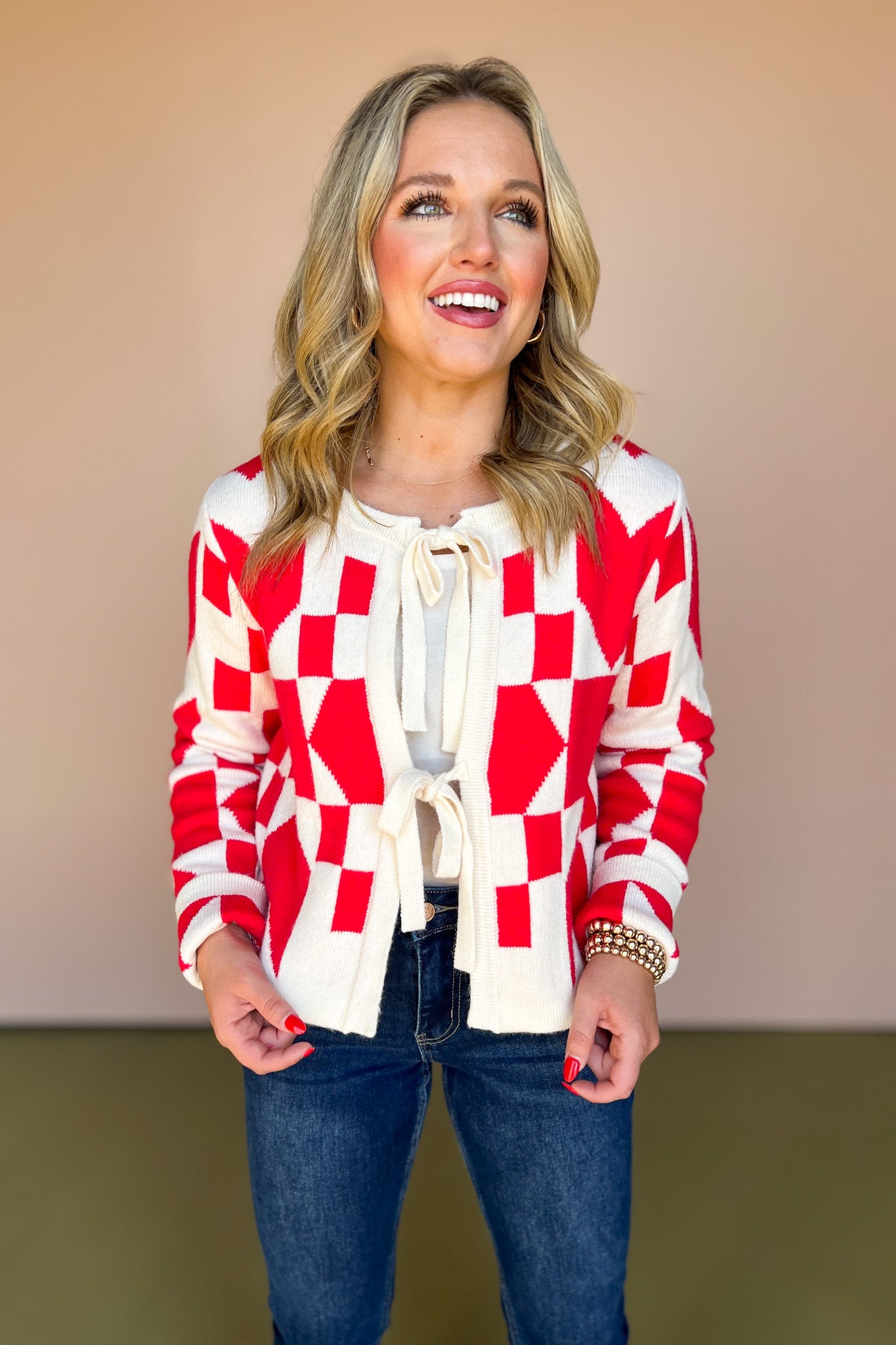 Red Knit Geometric Bow Front Ties Sweater Cardigan, must have cardigan, must have style, fall style, fall fashion, elevated style, elevated style, mom style, shop style your senses by mallory fitzsimmons, ssys by mallory fitzsimmons
