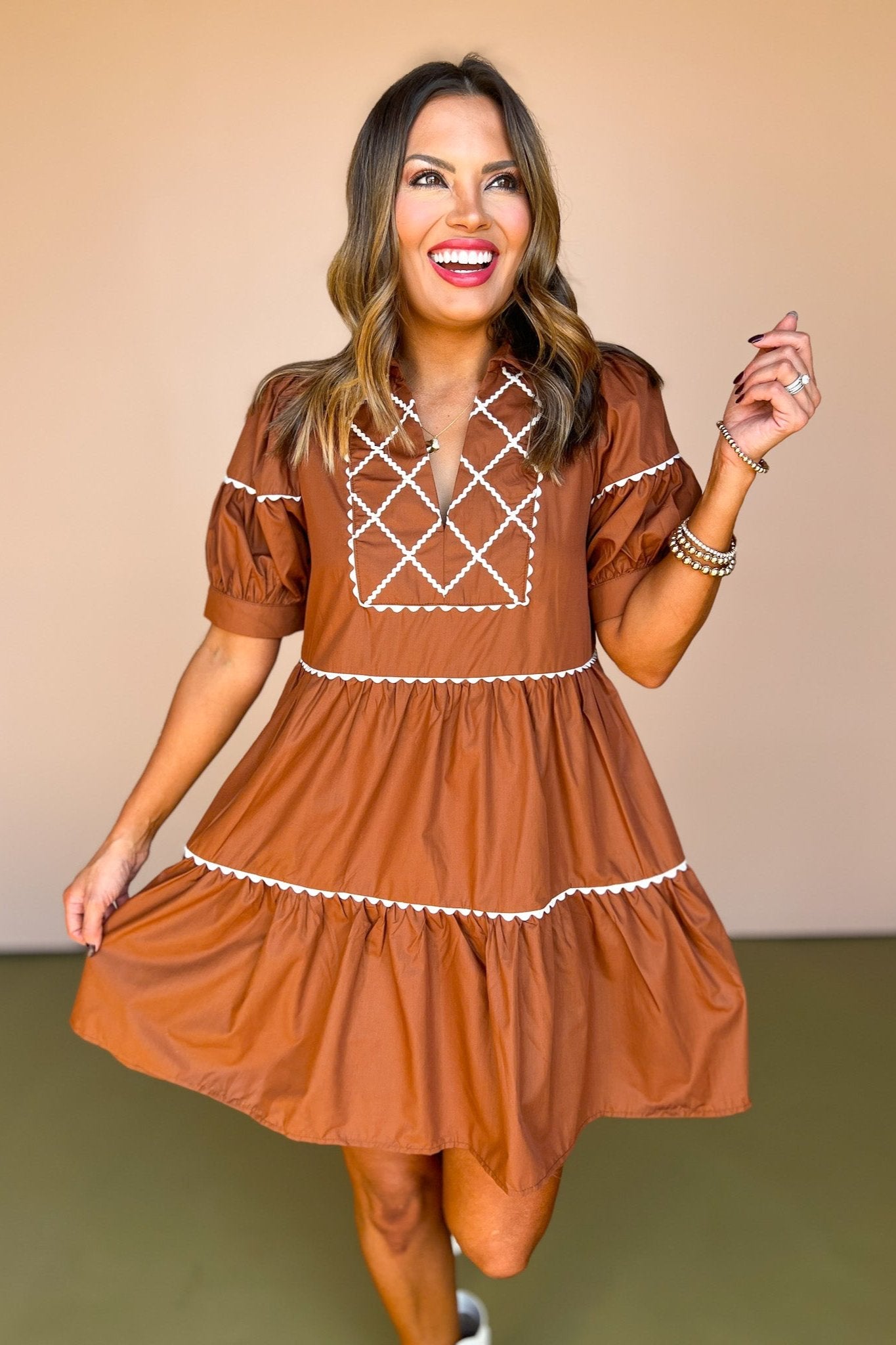 Brown Scallop Trim Detail Collared Short Puff Sleeve Dress *FINAL SALE*