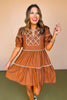 Brown Scallop Trim Detail Collared Short Puff Sleeve Dress *FINAL SALE*