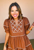 Brown Scallop Trim Detail Collared Short Puff Sleeve Dress *FINAL SALE*