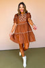 Brown Scallop Trim Detail Collared Short Puff Sleeve Dress *FINAL SALE*