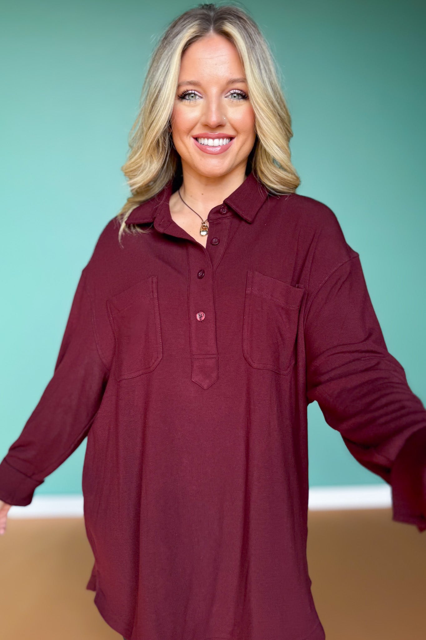 SSYS Jess Cozy Fleece Lined Top In Oxblood