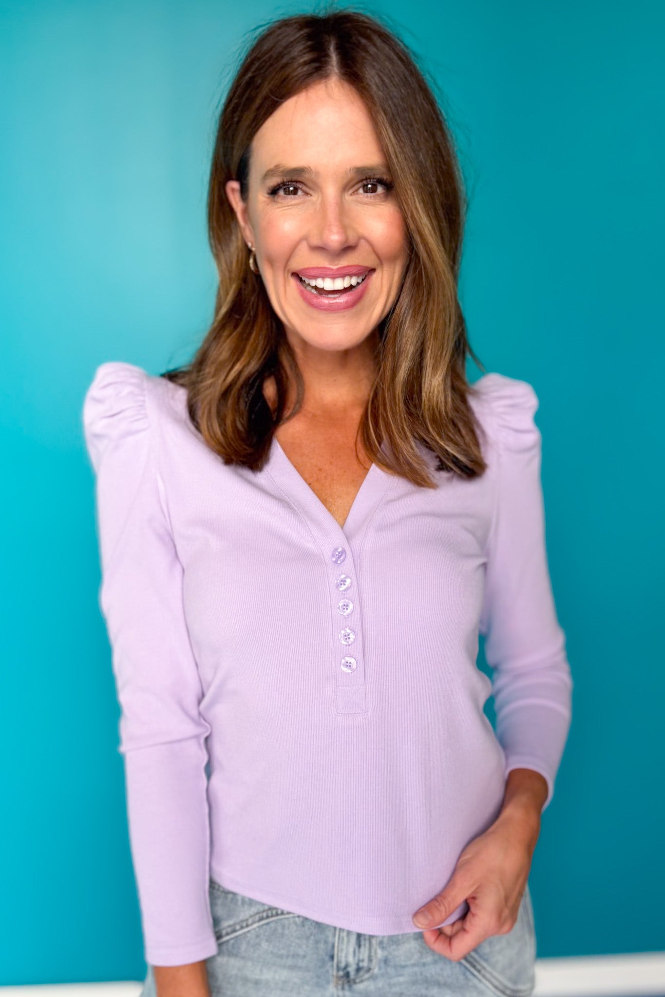 SSYS Cece Knit Puff Long Sleeve Top In Lavender