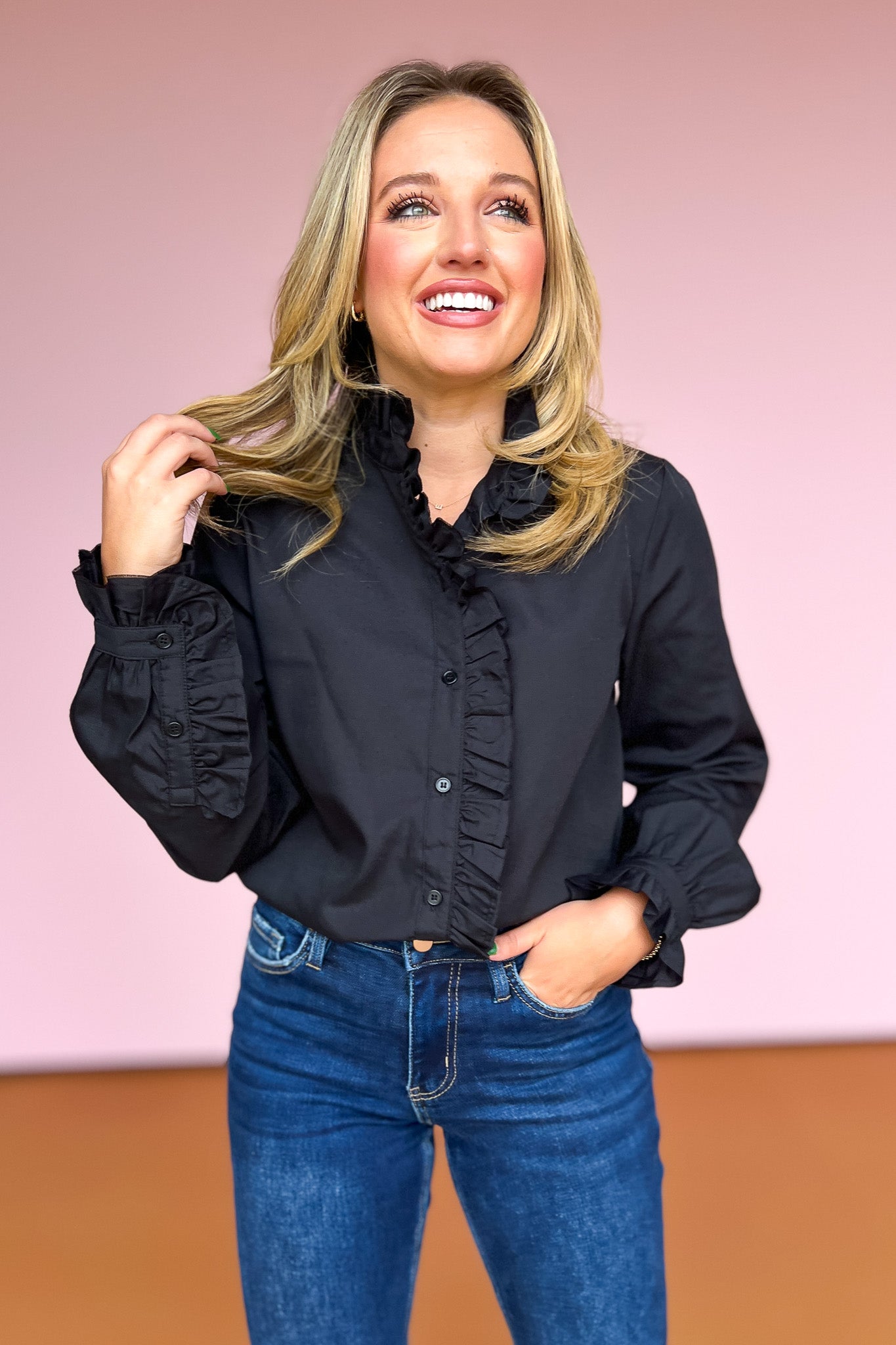 Black Ruffle Detail Button Up Top, date night, church top, work top, ssys by mallory fitzsimmons