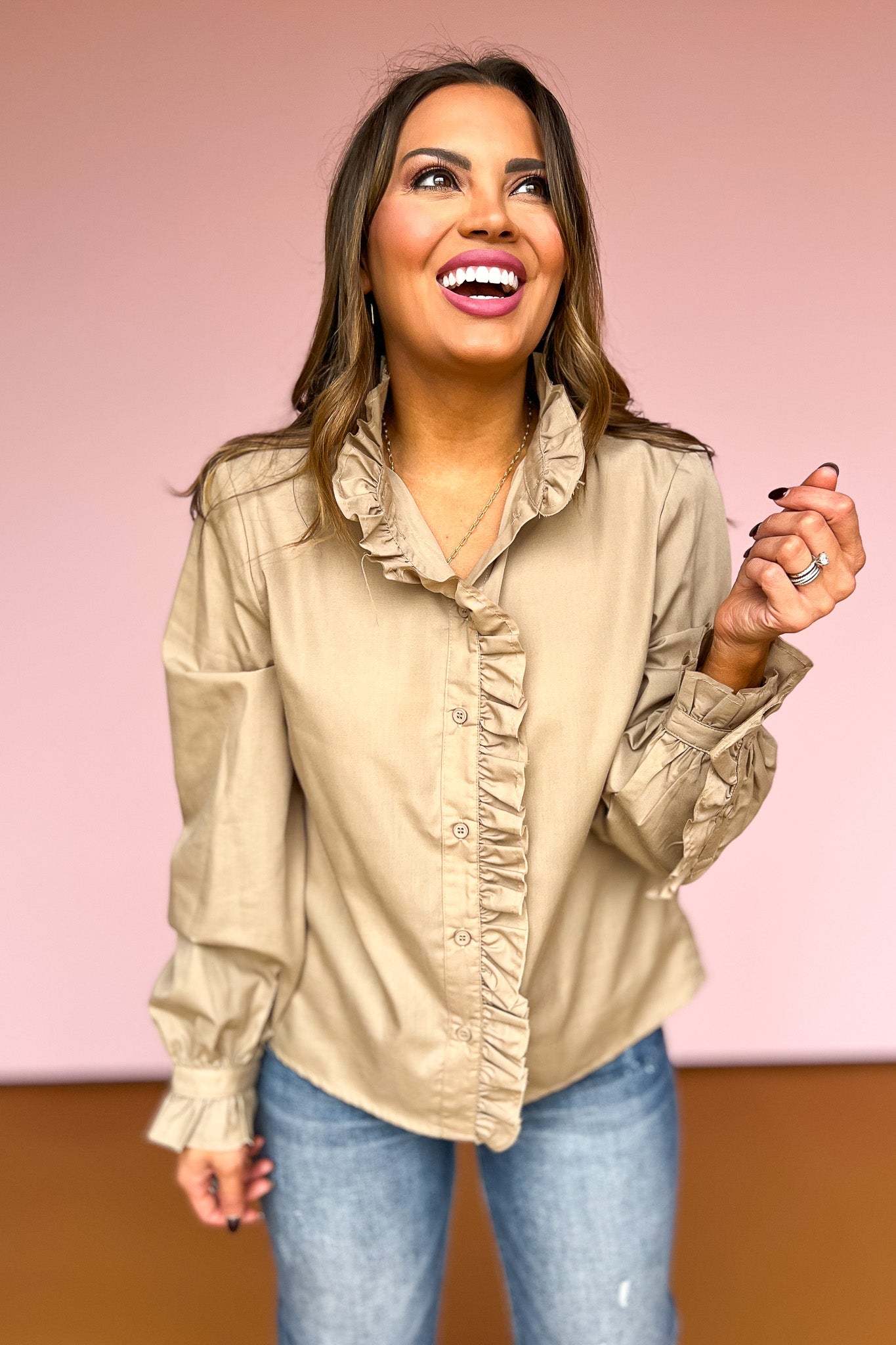 Beige Ruffle Detail Button Up Top, date night, church top, work top, ssys by mallory fitzsimmons