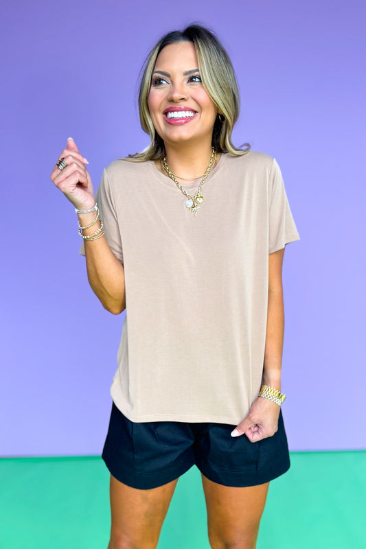 Taupe Round Neck Short Sleeve Tee Shirt *FINAL SALE*