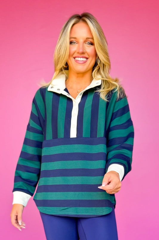 SSYS Landon Color Block Stripe Rugby Top In Hunter Navy