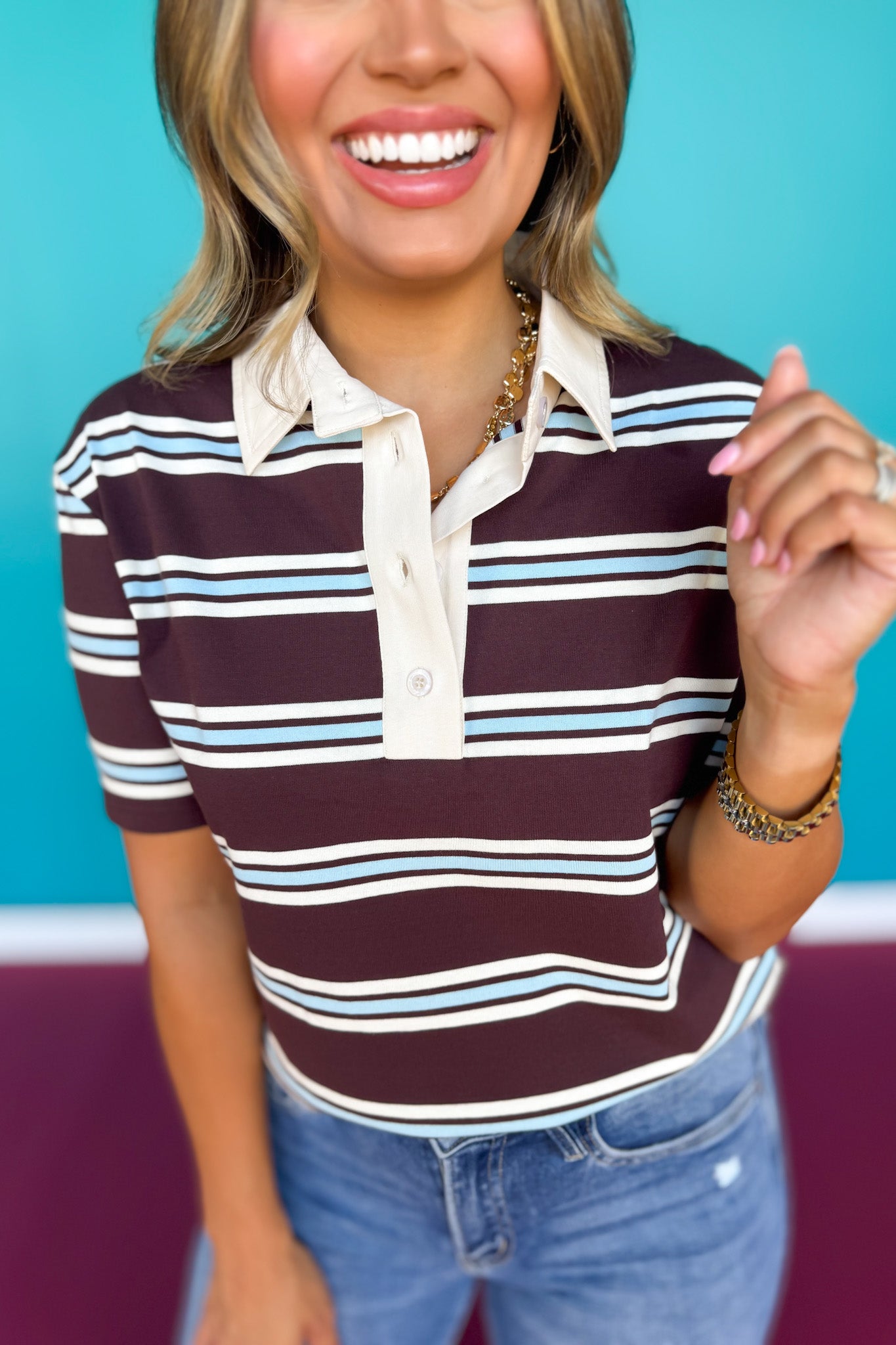 SSYS London Rugby Stripe Top In Chocolate Brown