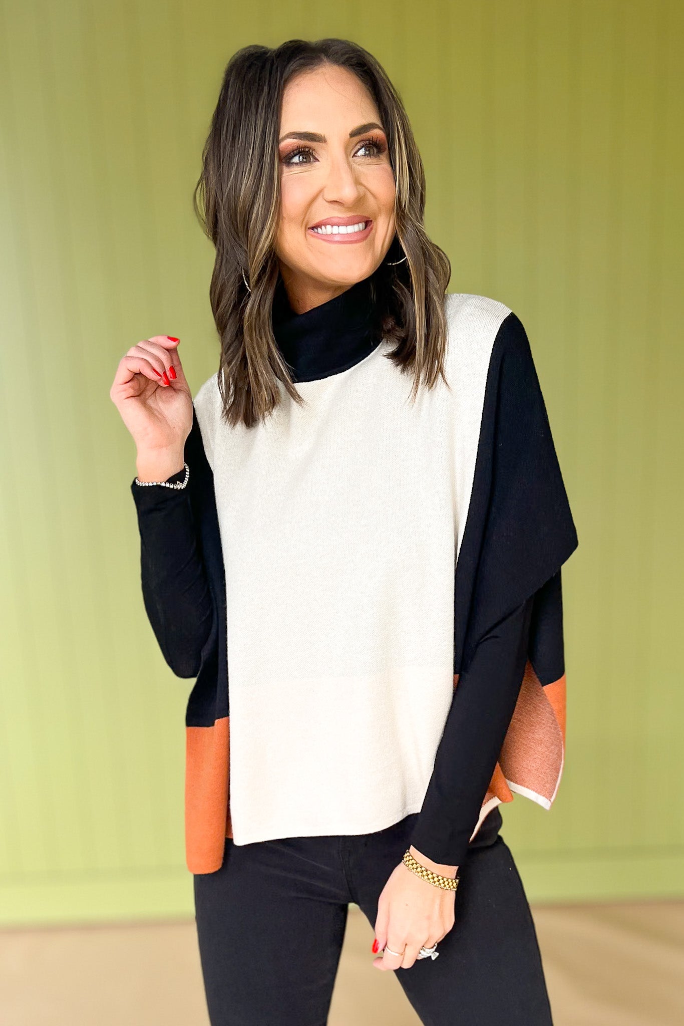 THML Cream High Neck Colorblock Poncho Top, must have sweater, must have style, fall style, fall fashion, elevated style, elevated sweater, mom style, shop style your senses by mallory fitzsimmons, ssys by mallory fitzsimmons
