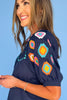 Navy Geometric Detail Zig Zag Trim Puff Sleeve Top