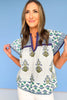 THML Blue Multi Print V Neck Flutter Sleeve Top