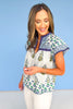 THML Blue Multi Print V Neck Flutter Sleeve Top