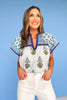 THML Blue Multi Print V Neck Flutter Sleeve Top