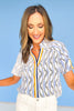 Blue Zig Zag Stripe Contrast V Neck Collared Top *FINAL SALE*