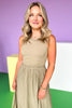 Olive Ribbed Top Elastic Waist Midi Dress