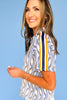 Blue Zig Zag Stripe Contrast V Neck Collared Top