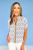 Blue Zig Zag Stripe Contrast V Neck Collared Top *FINAL SALE*