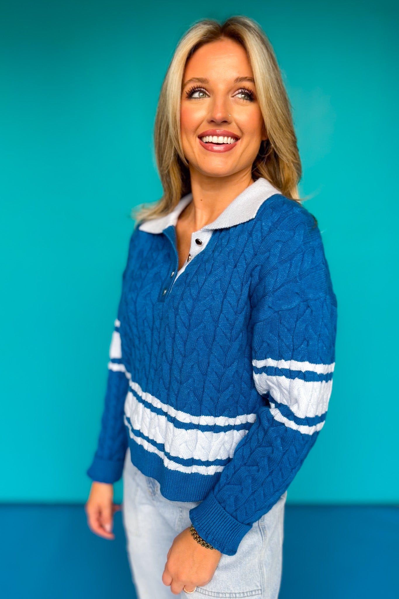 SSYS Dawson Cable Knit Stripe Sweater In Blue