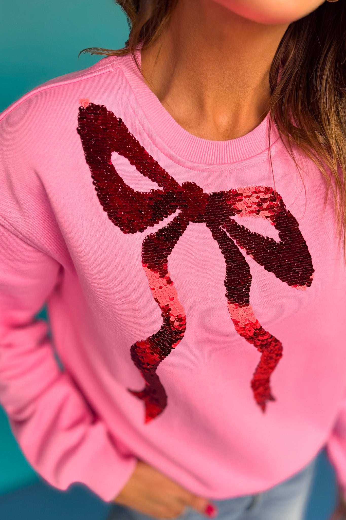 SSYS Dorothy Cropped Bow Sequin Sweatshirt In Bubblegum